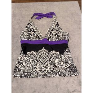 Athleta Size XS Black a purple White Paisley Halter Tankini Top